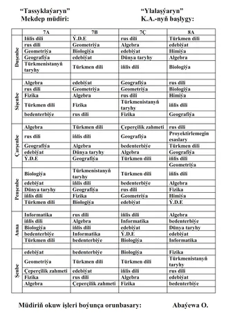 Mekdeplere sapak reje (raspisaniýa, расписания, timetables) düzüp berýäris