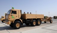 Military equipment passed in front of the State Tribune as part of the parade dedicated to the Independence Day of Turkmenistan