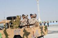 Military equipment passed in front of the State Tribune as part of the parade dedicated to the Independence Day of Turkmenistan