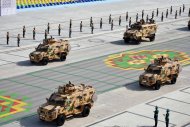 Military equipment passed in front of the State Tribune as part of the parade dedicated to the Independence Day of Turkmenistan