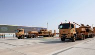 Military equipment passed in front of the State Tribune as part of the parade dedicated to the Independence Day of Turkmenistan