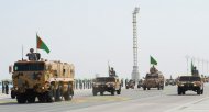 Military equipment passed in front of the State Tribune as part of the parade dedicated to the Independence Day of Turkmenistan