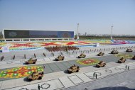 Military equipment passed in front of the State Tribune as part of the parade dedicated to the Independence Day of Turkmenistan