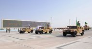 Military equipment passed in front of the State Tribune as part of the parade dedicated to the Independence Day of Turkmenistan