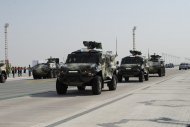 Military equipment passed in front of the State Tribune as part of the parade dedicated to the Independence Day of Turkmenistan