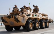 Military equipment passed in front of the State Tribune as part of the parade dedicated to the Independence Day of Turkmenistan