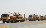 Military equipment passed in front of the State Tribune as part of the parade dedicated to the Independence Day of Turkmenistan