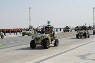 Military equipment passed in front of the State Tribune as part of the parade dedicated to the Independence Day of Turkmenistan