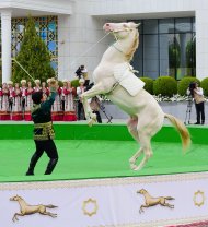 Фоторепортаж с торжеств, организованных в международном ахалтекинском конно-спортивном комплексе по случаю национального дня туркменского скакуна