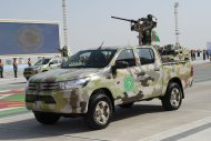 Military equipment passed in front of the State Tribune as part of the parade dedicated to the Independence Day of Turkmenistan