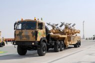 Military equipment passed in front of the State Tribune as part of the parade dedicated to the Independence Day of Turkmenistan