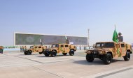 Military equipment passed in front of the State Tribune as part of the parade dedicated to the Independence Day of Turkmenistan