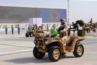 Military equipment passed in front of the State Tribune as part of the parade dedicated to the Independence Day of Turkmenistan