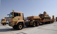 Military equipment passed in front of the State Tribune as part of the parade dedicated to the Independence Day of Turkmenistan