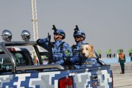 Military equipment passed in front of the State Tribune as part of the parade dedicated to the Independence Day of Turkmenistan