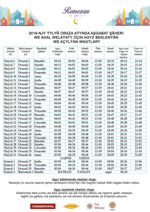 Ramadan calendar of suhoor time and iftar time (for Ashgabat city and Ahal Region)