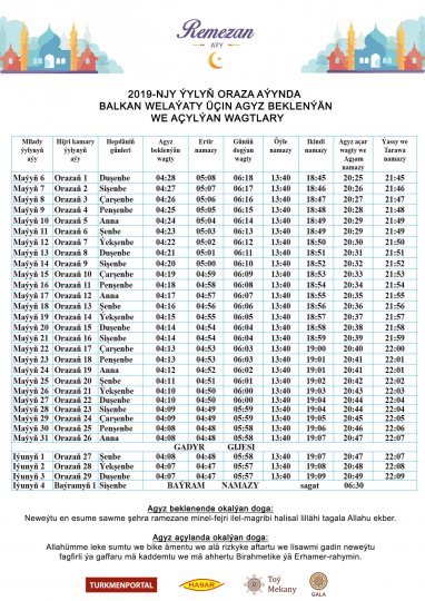 Расписание сухуров и ифтаров в пост Рамадан 2019 года (для Балканского велаята)